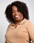 Coils to Locs Cleo wig with soft perm rod curls in dark brown, front view.