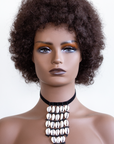 Coils to Locs Eboni curly afro wig dark brown, front view.