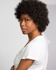 side view of black women wearing eboni synthetic wig