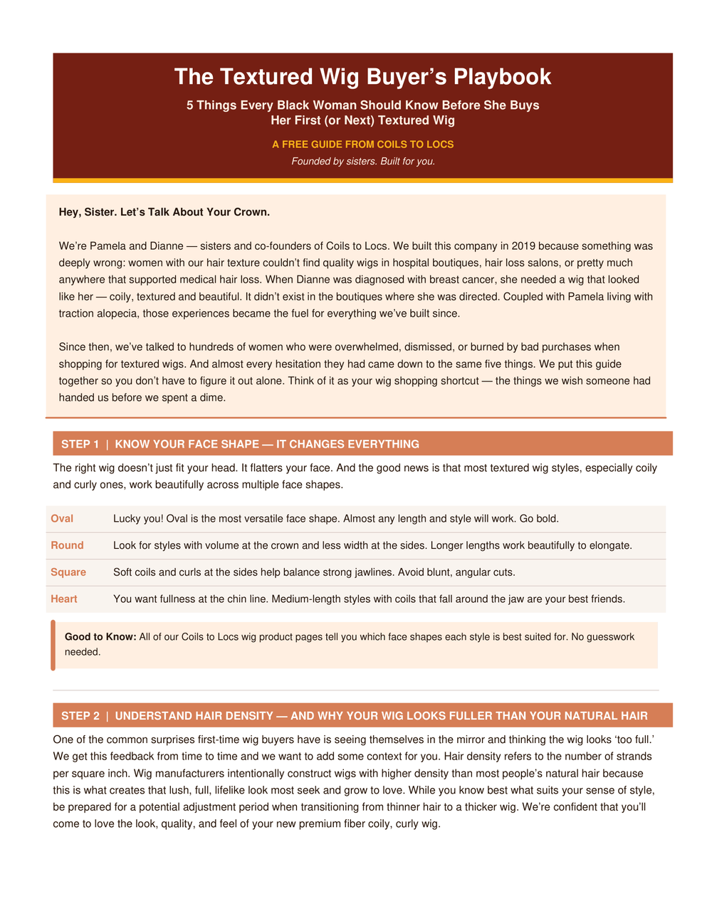 Preview of The Textured Wig Buyer's Playbook, a free 4-page guide from Coils to Locs co-founders Pamela and Dianne