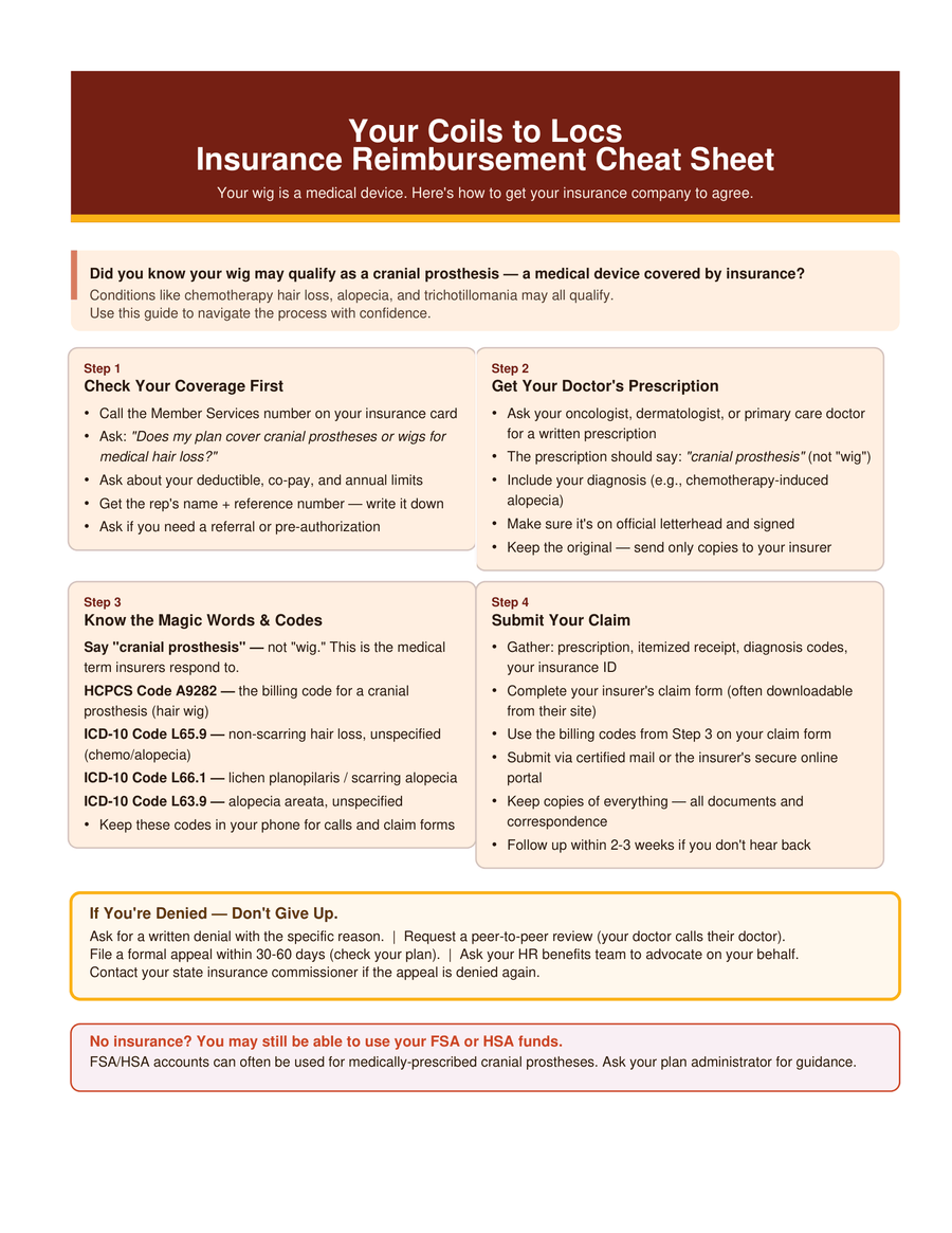 Preview of the Coils to Locs Insurance Reimbursement Cheat Sheet — a free one-page guide for women with medical hair loss