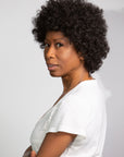 Coils to Locs Eboni curly afro wig in dark brown, side view.