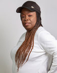 black woman wearing coils to locs kimmie cap braided 18" ombre "hat with hair"