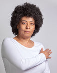 Coils to Locs Eboni  curly afro wig in black, front view.
