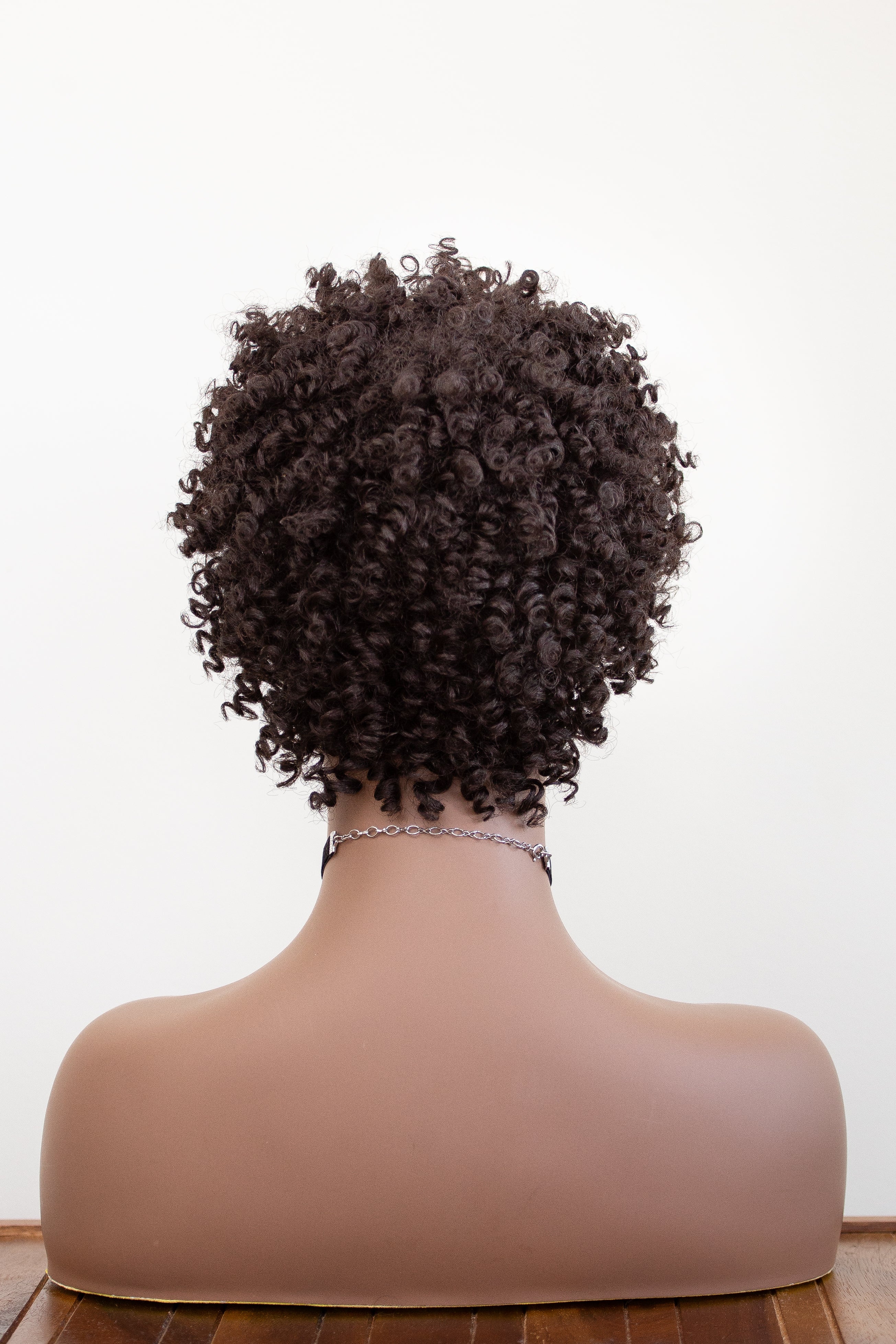 Coils to Locs jasmine dark brown wig on mannequin, back view.